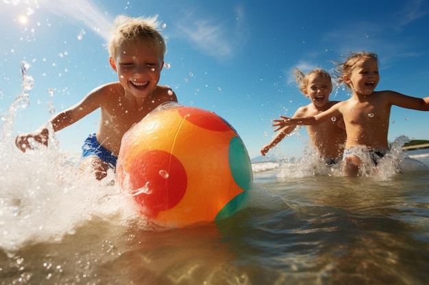 Foto drei kinder spielen mit einem strandball im wasser