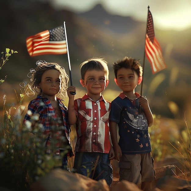 drei Kinder stehen auf einem Feld mit einer Flagge und einer Flagge