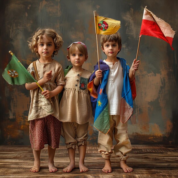 drei Kinder stehen vor einer Wand mit einer roten Flagge und einer roten und gelben Flagge