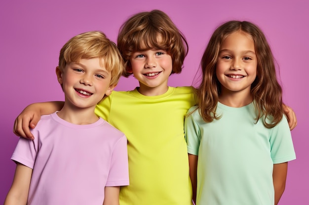 Drei Kinder tragen bunte T-Shirts