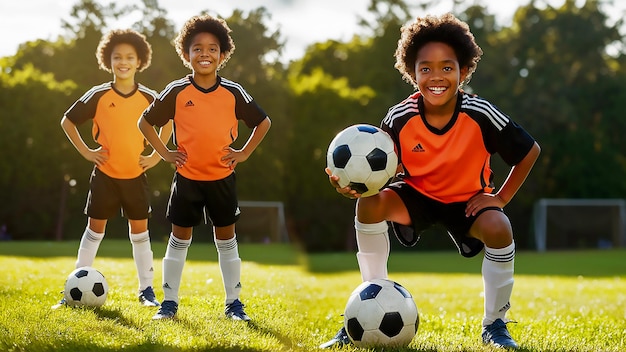 drei Kinder tragen orangefarbene Trikots mit der Nummer 3 darauf