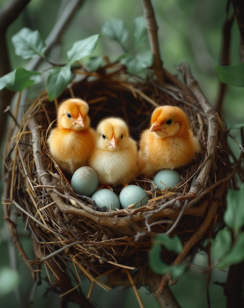 Drei kleine Hühner und Eier im Nest