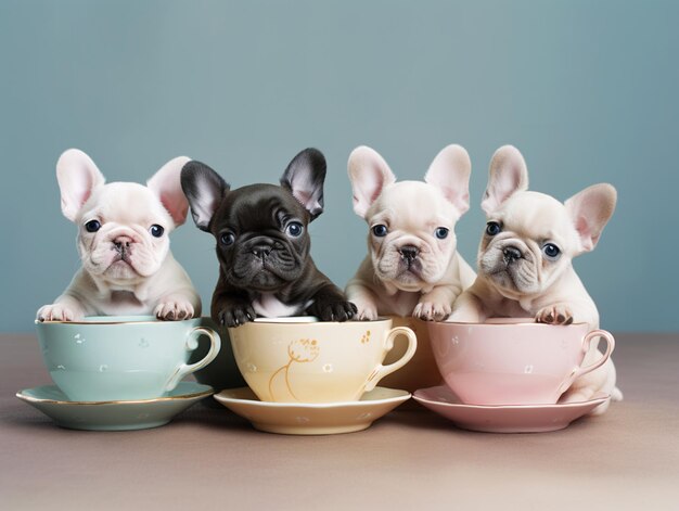 Drei kleine Hunde sitzen in einer Tasse Tee auf einem Tisch