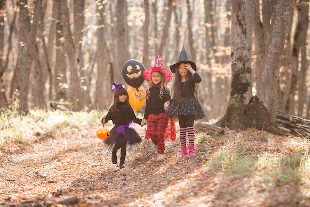 Drei kleine Mädchen in Hexenkostümen lachen mit Körben für Süßigkeiten durch den herbstlichen Wald