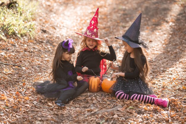 Drei kleine Mädchen in Hexenkostümen lachen, zaubern einen Spaziergang durch das Herbstwald-Halloween-Konzept