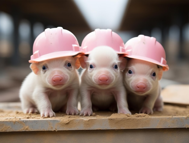 Foto drei kleine schweine mit rosa schutzhelmen sitzen auf einem holztisch. generative ki