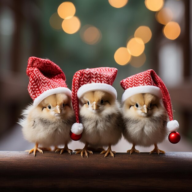 Foto drei kleine vögel mit weihnachtsmüttern sitzen auf einer hölzernen schiene