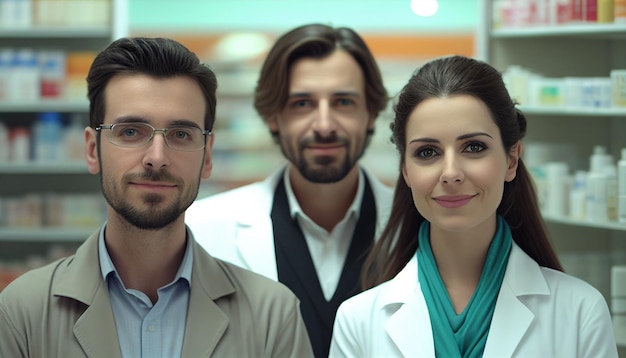 Drei lächelnde Apotheker stehen zusammen in einer Drogerie. Generative KI