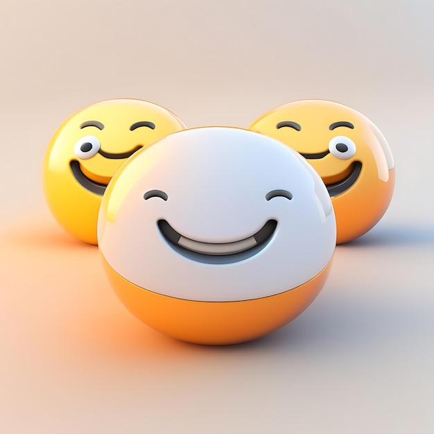 Drei lächelnde Bälle befinden sich auf einem grauen Hintergrund, 3D-Rendering