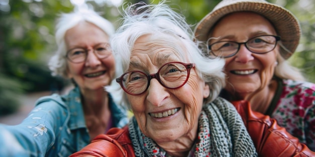 Drei lächelnde Frauen posieren für ein Foto, eine von ihnen trägt eine Brille und einen roten Schal.