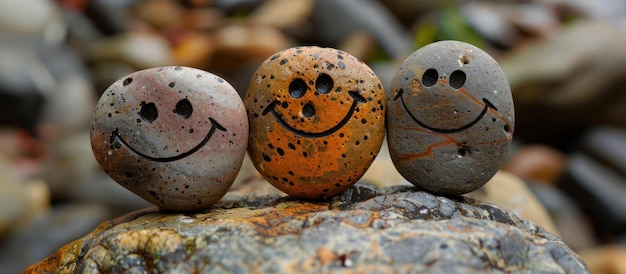 Foto drei lächelnde gesichter malten felsen auf einen felsen