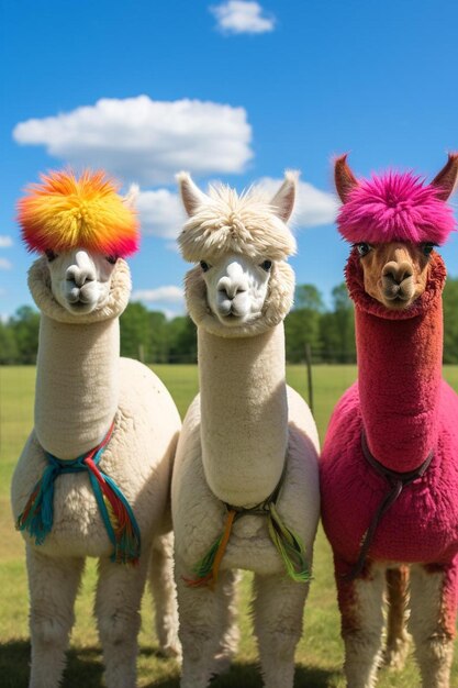 Foto drei lamas mit bunten haaren stehen nebeneinander