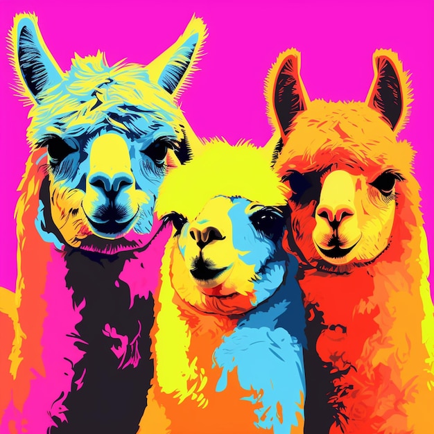 Foto drei lamas stehen in einer reihe mit einem rosa hintergrund generativ ai