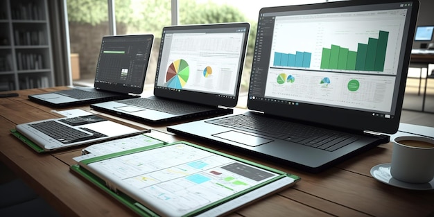Drei Laptops mit einem Diagramm auf dem Bildschirm