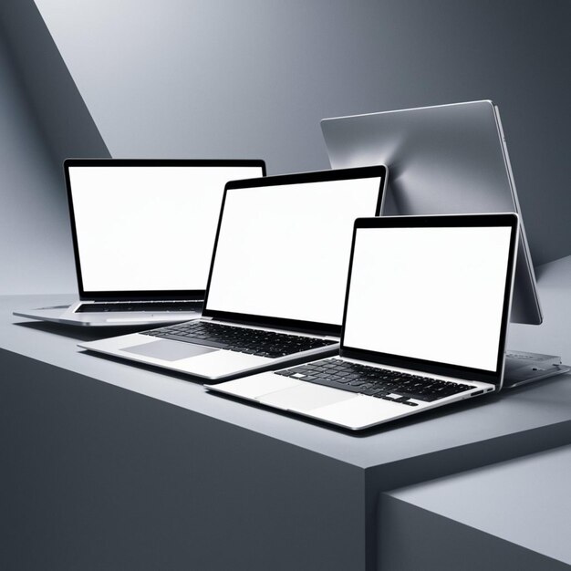 drei Laptops mit offenem Bildschirm und der Bildschirm auf der rechten Seite ist weiß
