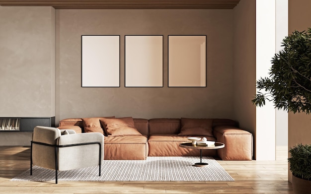 Foto drei leere posterrahmen an einer beigen wand im wohnzimmer mit modernem möbelkamin und ledersofa und sessel 3d-rendering