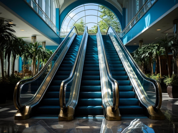 Drei leere Rolltreppen im wunderschönen Gebäude, niedrige Winkelansicht auf der Treppe mit großem Halbkreisfenster im Hintergrund