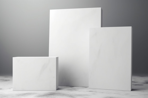 Drei leere weiße, leere Plakatwürfel, Podien auf minimalistischem Hintergrund