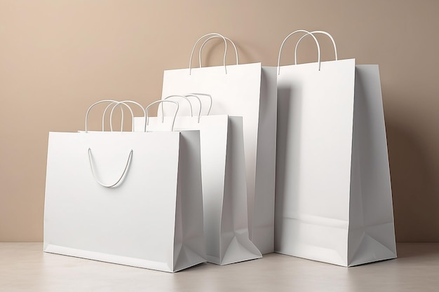 Drei leere weiße Papier-Shopping-Taschen auf dem Hintergrund einer beigefarbenen Wand mit Schatten-Mock-up 3D-Rendering
