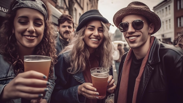 Drei Leute trinken Bier auf einer Straße