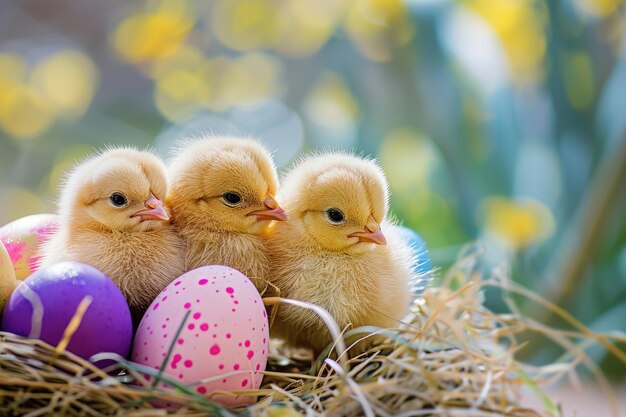 Drei liebenswerte Osterhühner, die in einem Nest zusammengeklemmt sind und von bunten Eiern umgeben sind