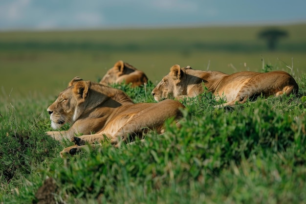 Foto drei löwen liegen im gras, von denen einer in die kamera schaut