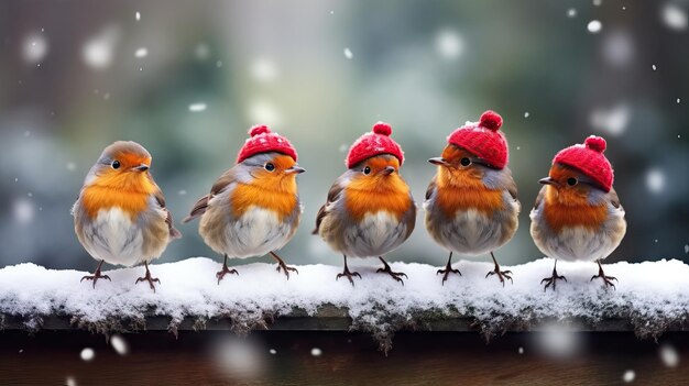 Foto drei lustige kleine vögel in der weihnachtsfestmütze im winter park ki generiert bild