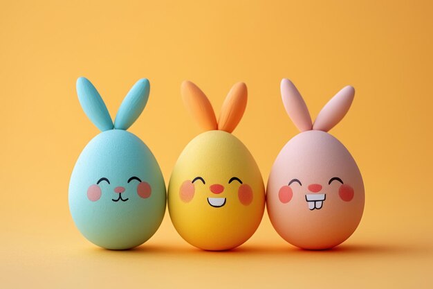 Drei lustige Ostereier mit Kaninchenohren auf einem glatten gelben Hintergrund.