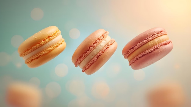 Drei Macarons in rosa-orange auf einem rosa gradienten Hintergrund Die Macarons sind in verschiedenen Positionen