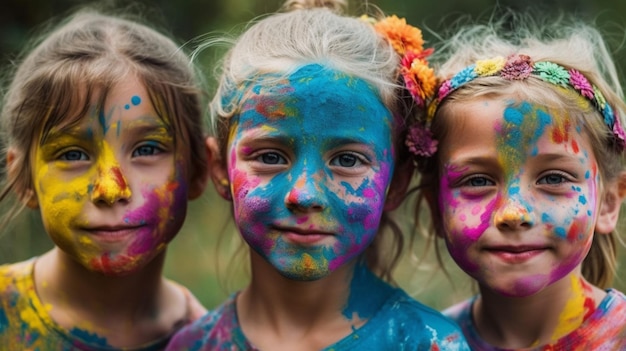 Drei Mädchen, deren Gesichter in Holi-Farben bedeckt sind.