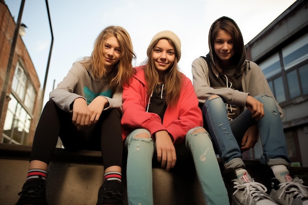 Drei Mädchen im Teenageralter reden und lachen, während sie auf der Straße sitzen Generative KI