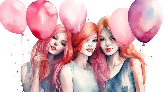 Drei Mädchen mit rosa Luftballons, fröhlicher Kindertag, bunte Illustration, generative KI