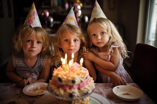 Drei Mädchen sitzen an einem Tisch mit einer Geburtstagstorte und einer Torte mit der Nummer 5 darauf.