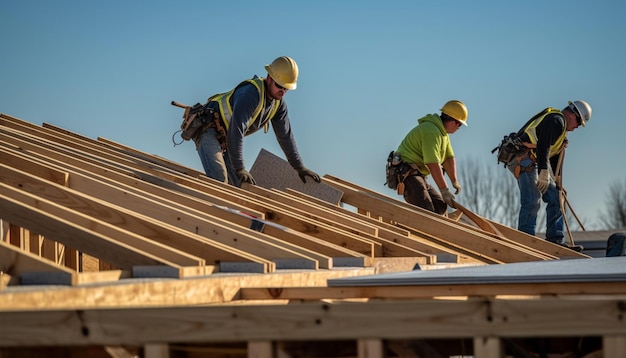 Drei Männer in gelben Westen und Helmen arbeiten an einer generativen Dach-KI