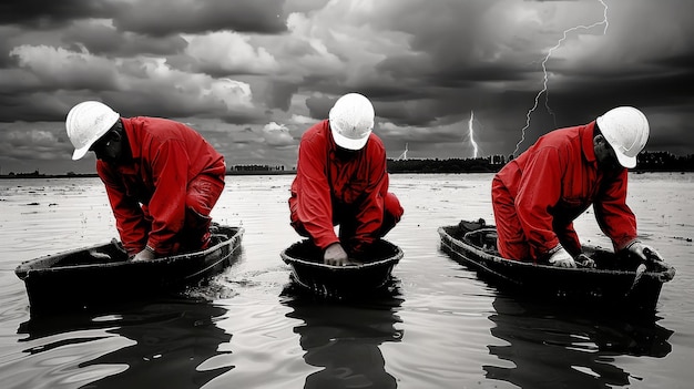 drei Männer in roten Hardhats und Hardhats auf einem Boot im Wasser mit einem Sturm im Hintergrund