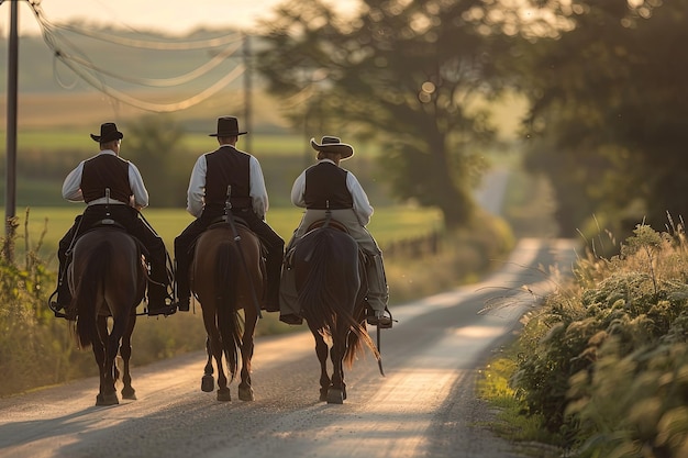 Drei Männer reiten auf Pferden eine Landstraße entlang