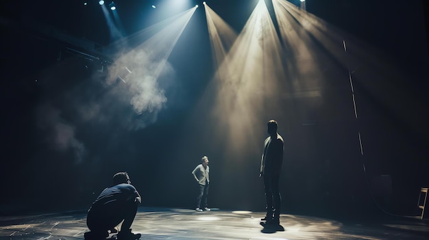 Drei Männer stehen auf einer Bühne, einer kniet, einer steht und einer hockt, alle tragen lässige Kleidung, die Bühne ist von Scheinwerfern beleuchtet.