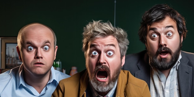 drei Männer stehen auf einer Couch und sehen überrascht nach generativer KI