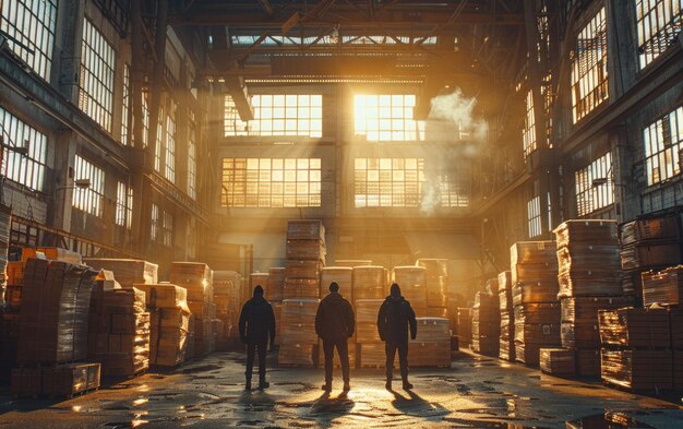 Drei Männer stehen mitten in der riesigen Industriehalle mit hellem Licht am Ende des Tages