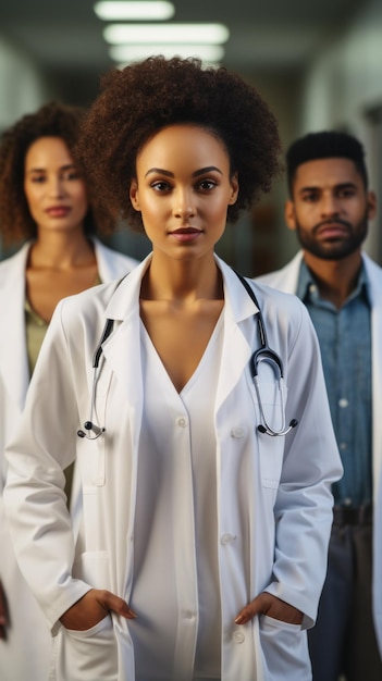 Drei medizinische Fachkräfte in einem Krankenhausflur