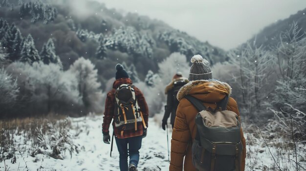 Drei Menschen fahren mit Schneeschuhen durch den Wald. Sie tragen Winterbekleidung und Rucksäcke.