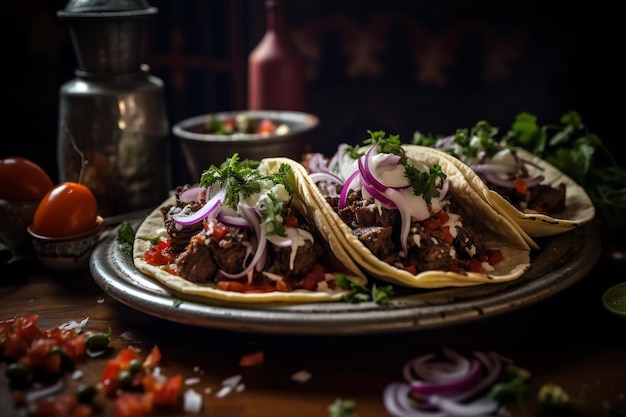 Drei mexikanische Rindfleisch-Tacos auf einem Tisch