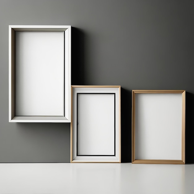 Drei minimalistische leere Fotorahmen mit zweifarbigem Hintergrund