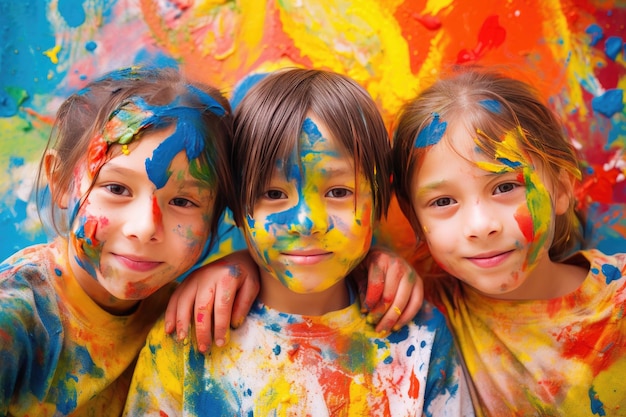 Drei mit Farbe bedeckte Kinder und eines von ihnen hat ein mit Farbe bedecktes Gesicht