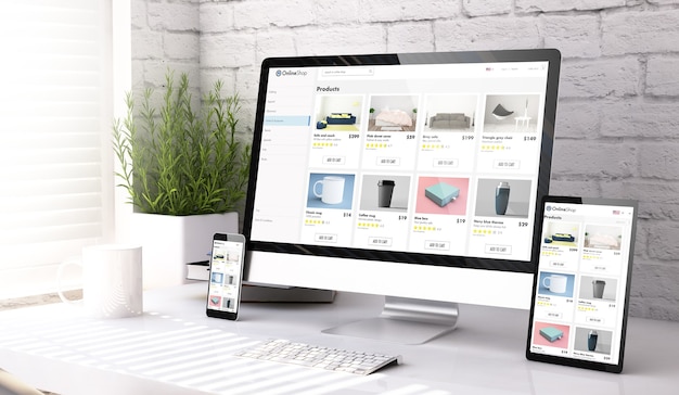 Drei Modellgeräte, die die Online-Shop-Website auf einem Desktop-3D-Rendering anzeigen