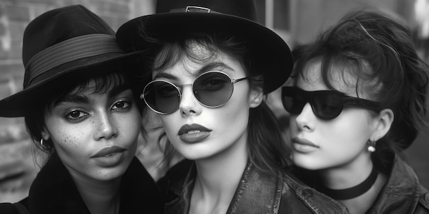 drei Modemodels in Hut und Sonnenbrille auf der Straße in der Stadt im Herbst Vintage-Retro-Schwarz-Weiß-Filmfotografie aus den 80ern