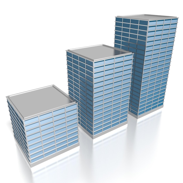 Drei moderne Bürogebäude auf weißem Hintergrund 3D-Darstellung