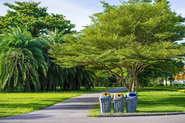 Drei Mülleimer in einem Park mit grünem Park des Baums und des Pflanzenhintergrundes öffentlich