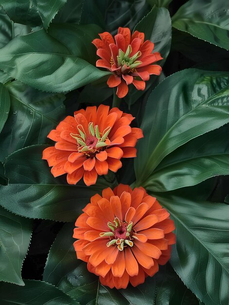 Drei orangefarbene Blüten mit grünen Blättern im Hintergrund und eine grüne Pflanze im Vordergrund mit einem