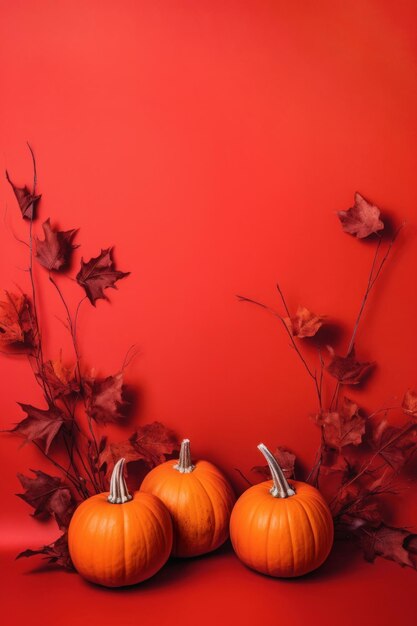 Drei orangefarbene Kürbisse auf rotem Hintergrund mit trockenen Zweigen und Herbstblättern